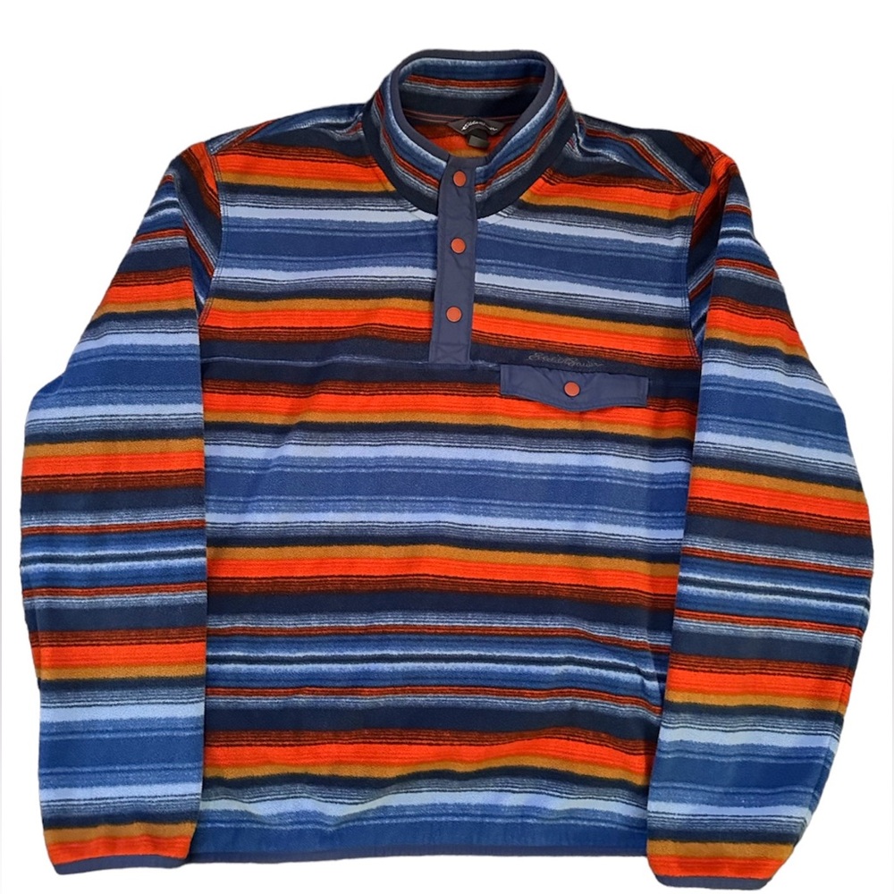 Eddie Bauer Mens XL Sherpa Pullover Quarter Snap Mockneck Jacket Blue Orange